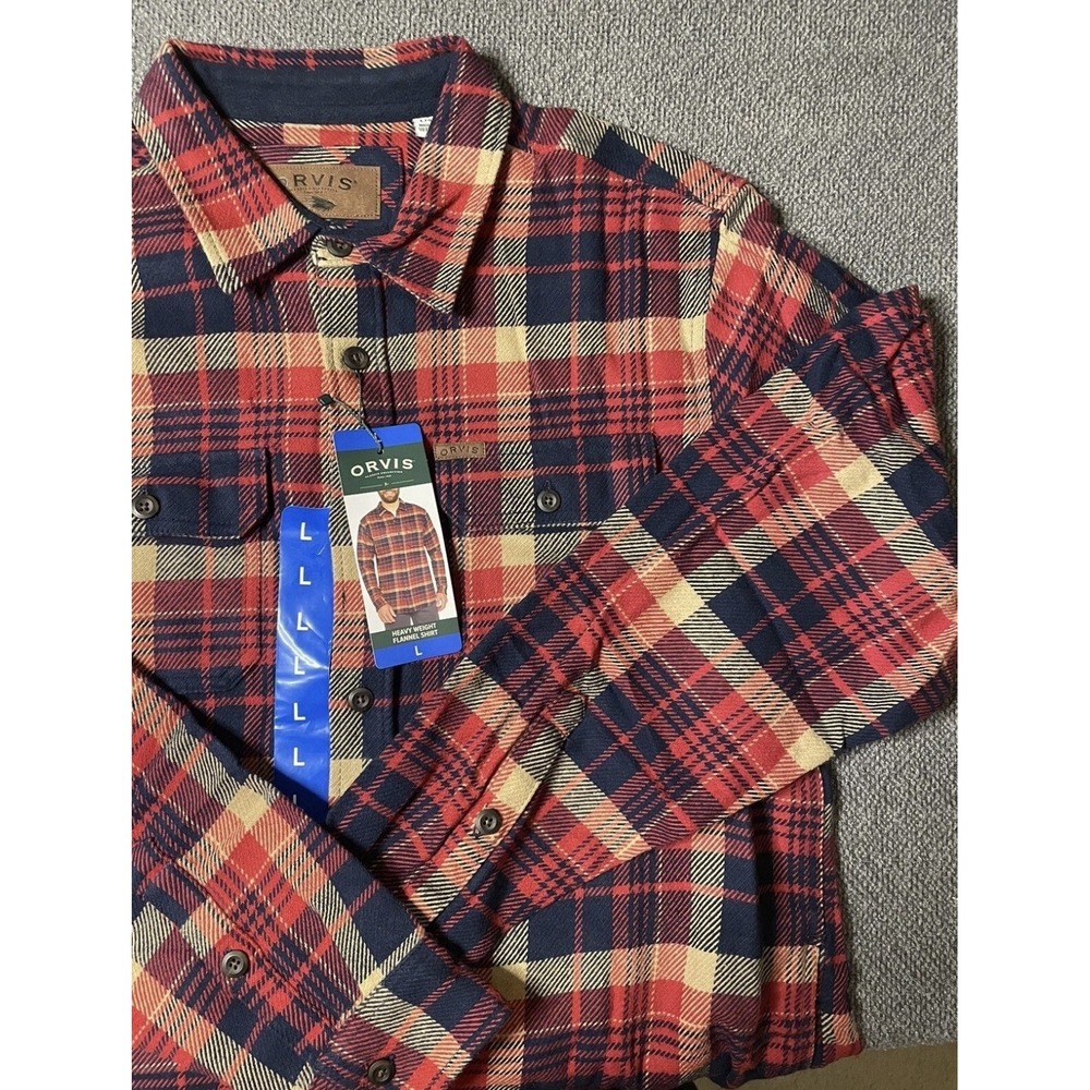 Orvis Mens Heavyweight Flannel Shirt Red Navy Blue Plaid Button Up Large L NEW